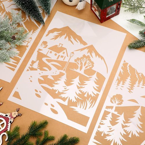 Leinuosen 6 Pcs Christmas Window Stencils - Reusable Winter Village & Santa Claus Designs | 35.4 x 33 Inches