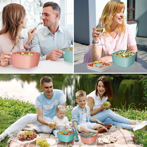 Cherrysea Salad Lunch Box - 2-Pack Bowls with 3 Compartments, Leak-Proof Design | Green & Pink