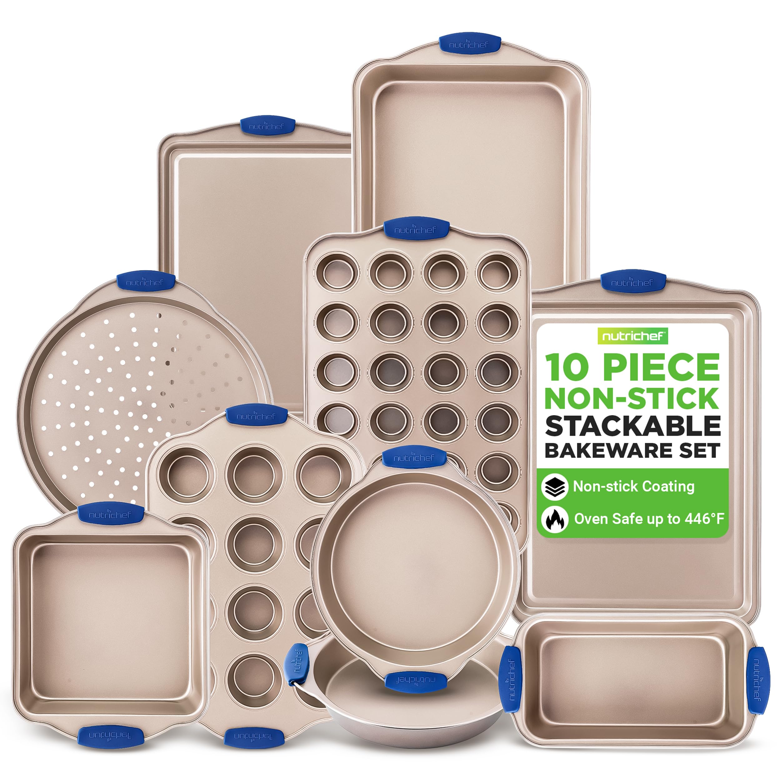 NutriChef 10-Piece Nonstick Bakeware Set - Premium Carbon Steel Baking Pan Set w/Heatsafe Silicone Handles, Includes Pizza Crisper, Loaf Pan, 12 & 24 Cup Muffin Pans, Cake Pans, Cookie Sheets
