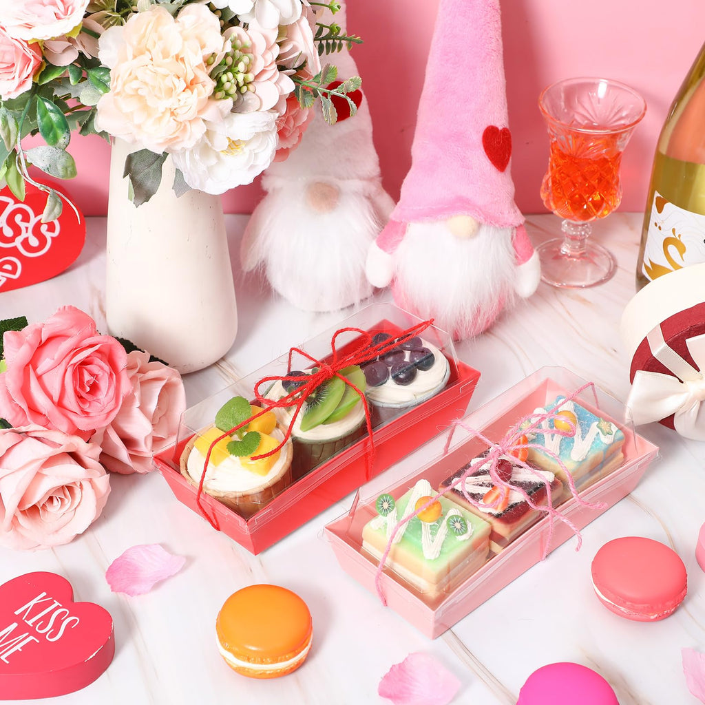 Layhit Valentines Charcuterie Boxes with Clear Lids and Rope Valentine's Day Rectangle Cookie Boxes Pink Red Disposable Dessert Containers for Wedding Anniversary Party Favor Cake Sandwich(50 Sets)