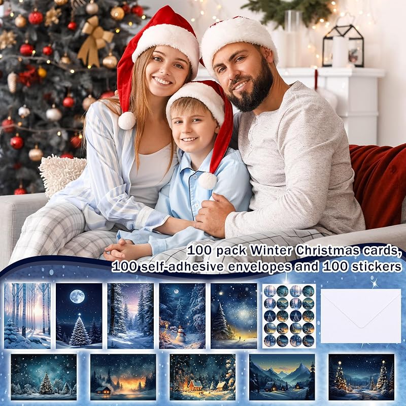 100 Sets Christmas Cards with Envelopes, Stickers, Winter Forest