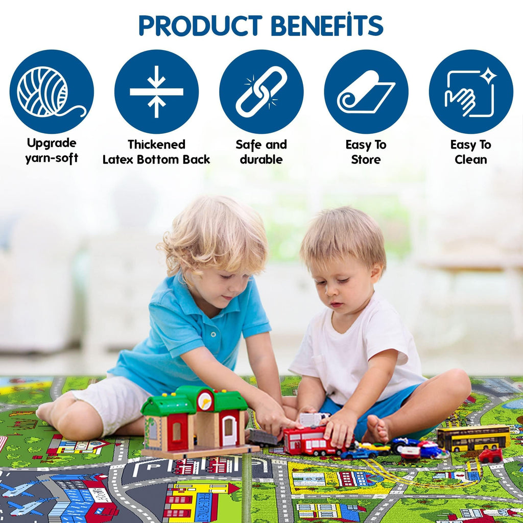 Booooom Jackson 2 Pack Car Rug,Non Slip Train Track Car Mat,Durable Road Play Area Kids Rug,Vibrant Kids Carpet for Playroom,Bedroom,Easy Store and Clean