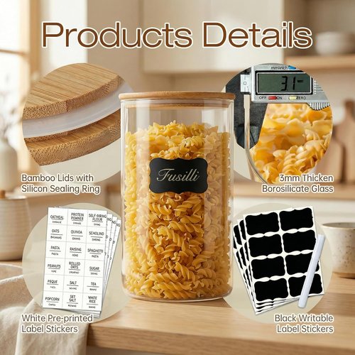 HomArtist Large Glass Food Storage Containers - 180oz Set of 2 with Bamboo Airtight Lids | Ideal for Flour, Sugar, Pasta, Rice, and More