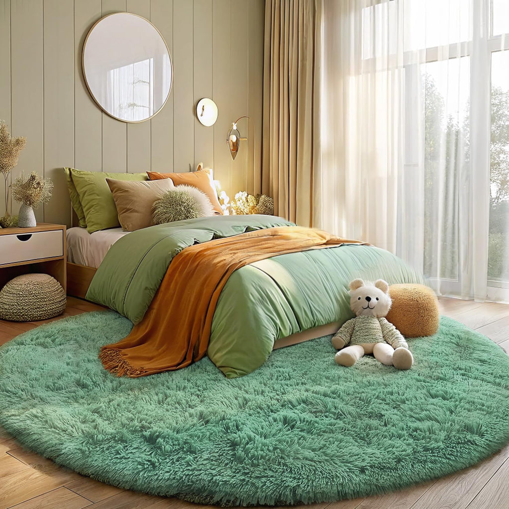OLANLY Round Mint Green Area Rug - Soft, Fluffy, Machine Washable 9 ft Circle for Bedroom & Living Room Decor