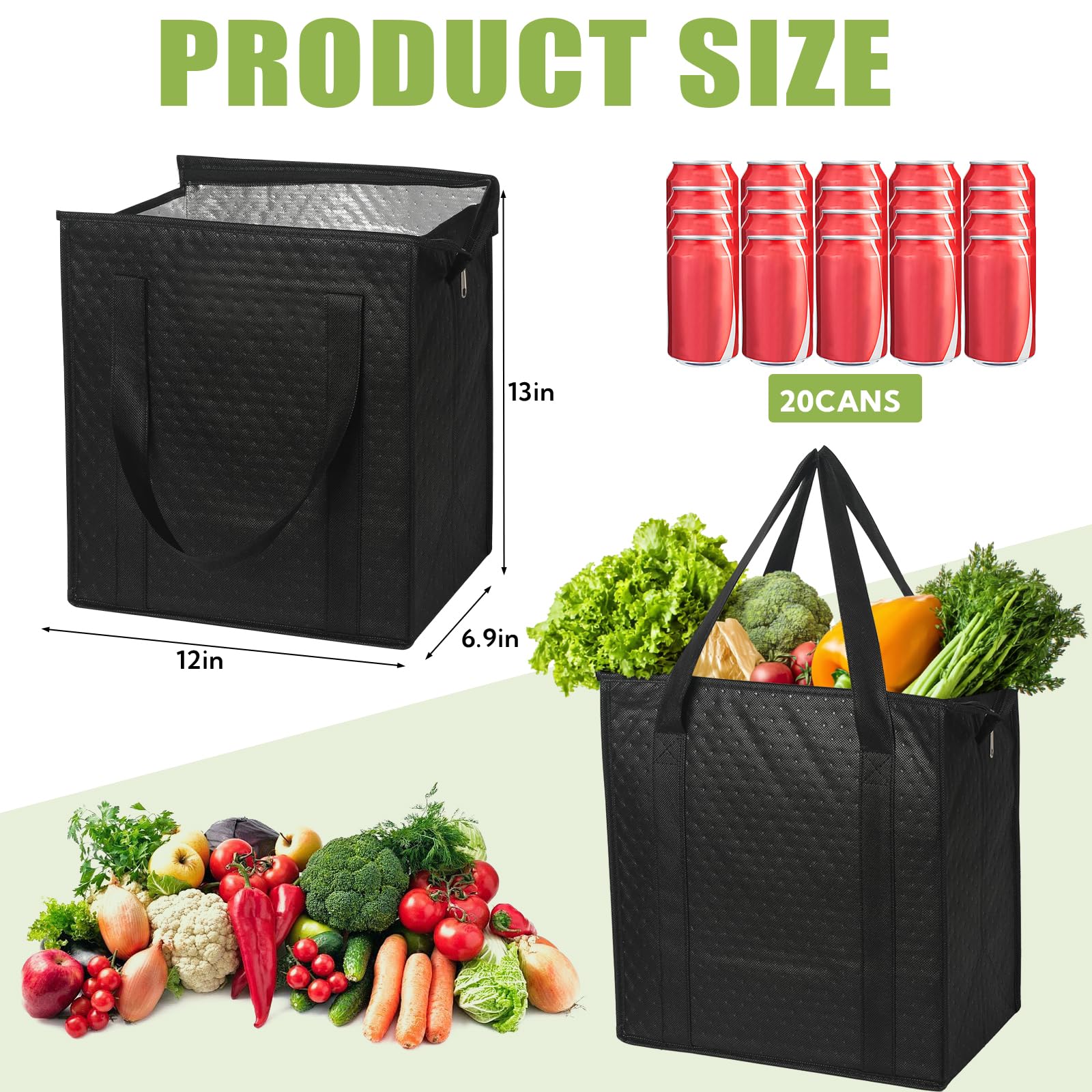 VZZNN 20 Pack Insulated Grocery Bags Bulk, Reusable Shopping Bags with Sturdy Zipper & Handles, Large Foldable Washable Thermal Cooler Totes for Hot Cold Food Transport, Travel & Lunch(Black)