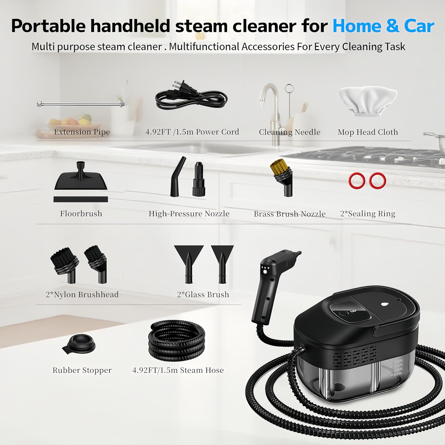 Pressurized Handheld Steam Cleaner - 2500W, 54oz Capacity, 3-Level Steam & 15 Accessories for Deep Cleaning