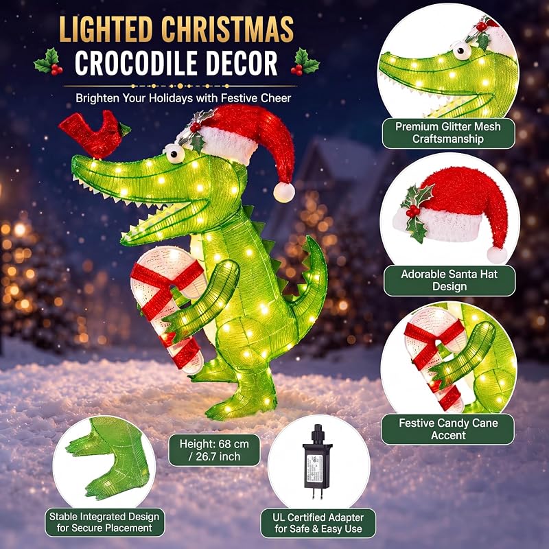 Christmas Lighted Alligator Yard Decoration with Santa Hat - 26.7in Outdoor Crocodile
