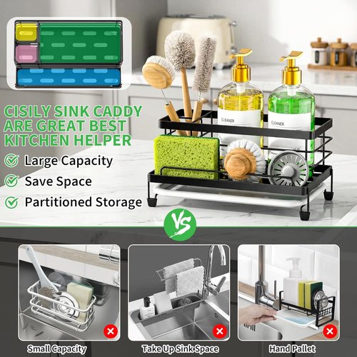 Cisily Large Black Kitchen Sponge Holder - Rustproof Sink Organizer with Drip Tray | Essential Home Accessory