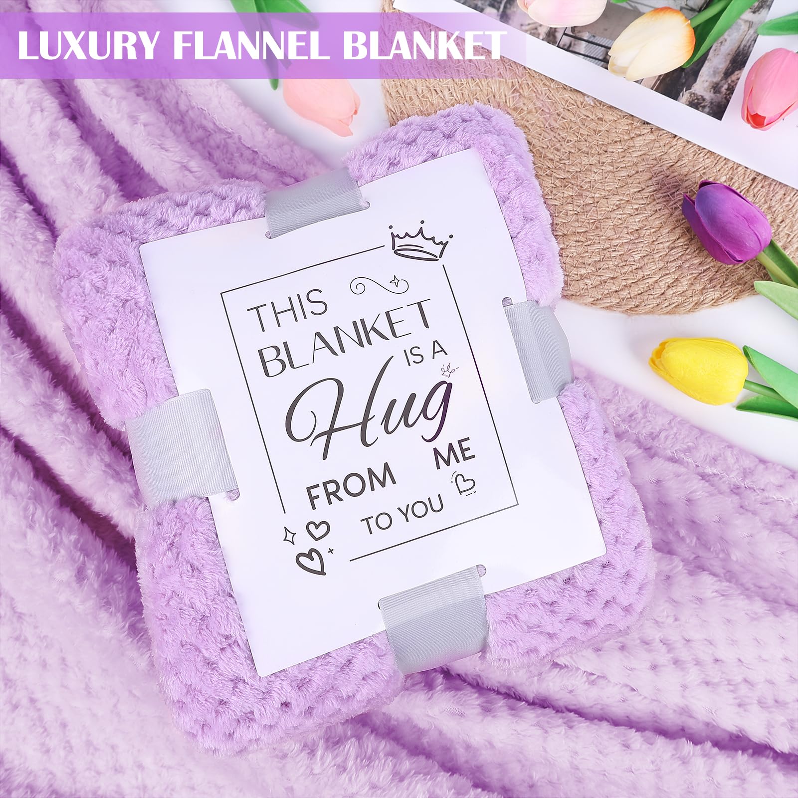 Mothers Day Birthday Gifts for Women Self Care Gift Get Well Soon Gifts, Rose Relaxing SPA Gift Basket Care Package, Luxury Flannel Blanket Valentine's Day Gift for Her Wife Mom Grandma Friend Purple