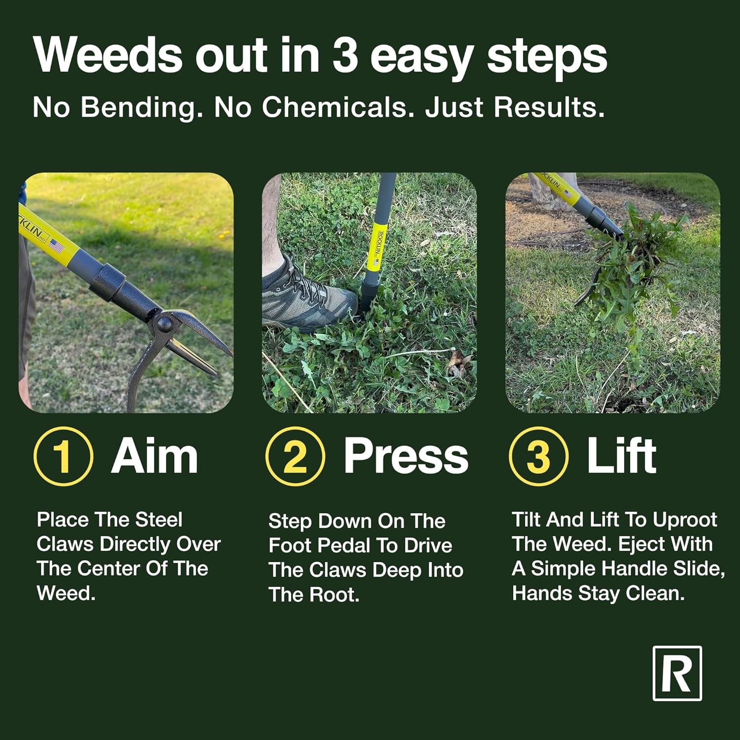 Rocklin™ Stand Up Weed Puller Tool - 4 Claw Steel Head - 48-Inch Metal Handle for Easy Weeding