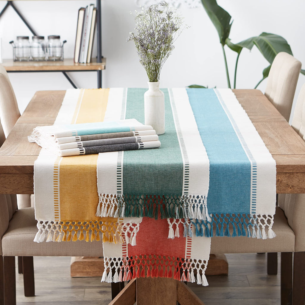 DII Dobby Stripe Woven Table Runner, 13x108 (13x113.5, Fringe Included), Honey Gold