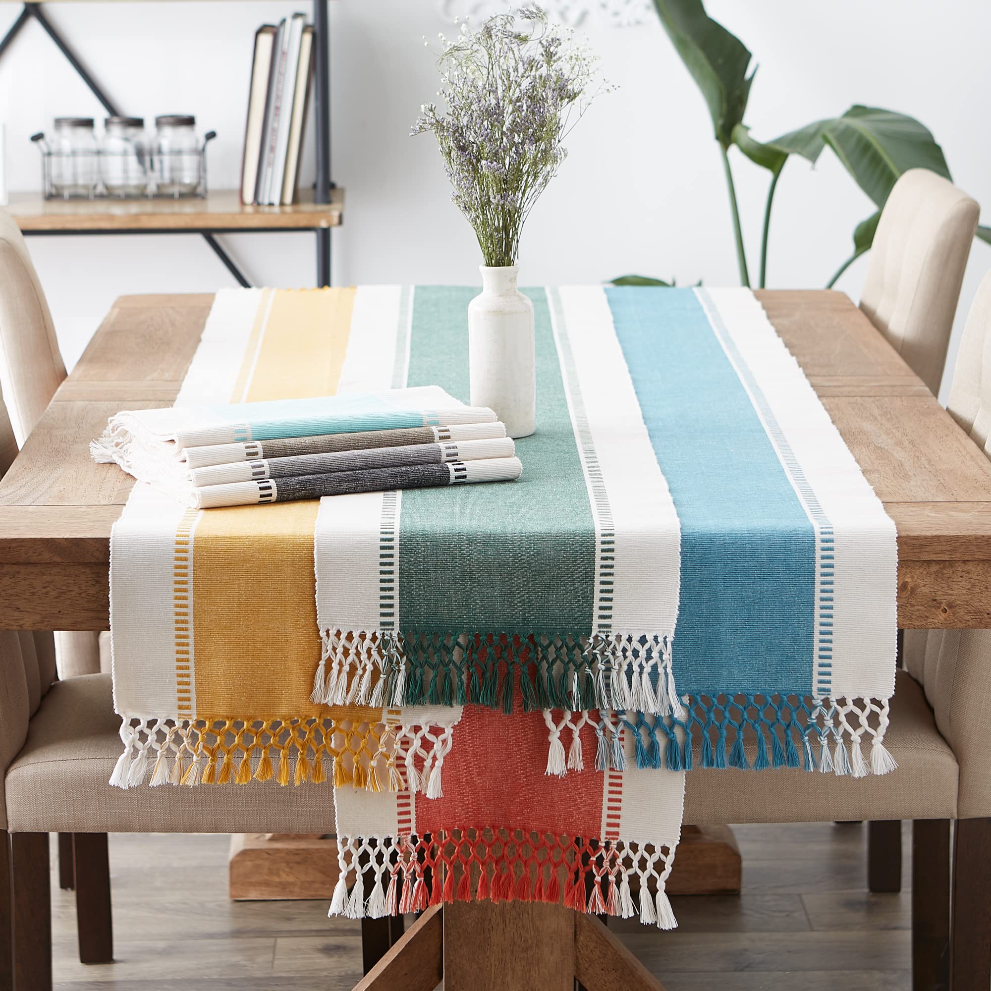 DII Dobby Stripe Woven Table Runner, 13x108 (13x113.5, Fringe Included), Honey Gold