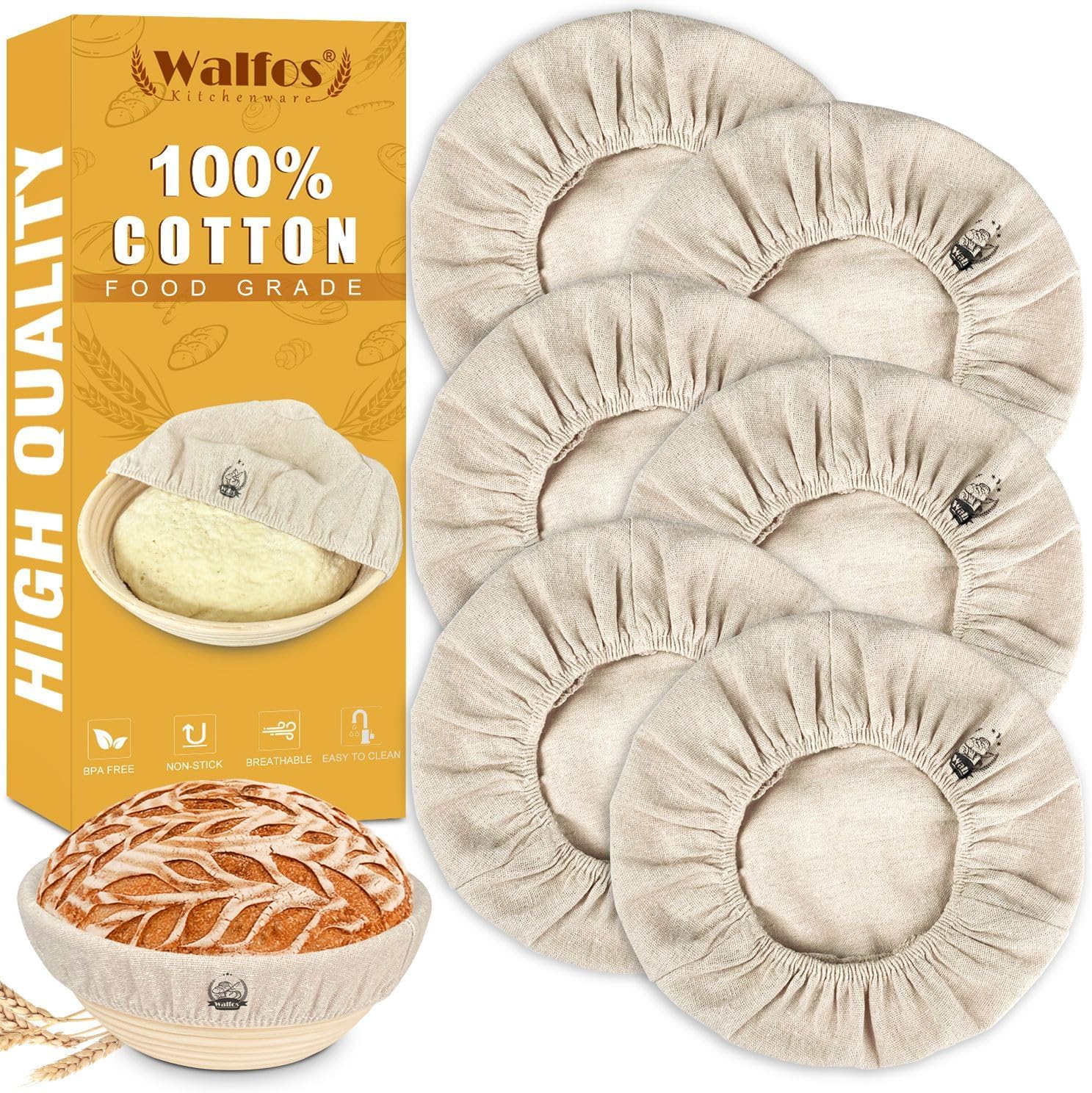 WALFOS Bread Basket Liner Cloth - 9 Inch Round Baking Dough Cover for Natural Rattan Proofing