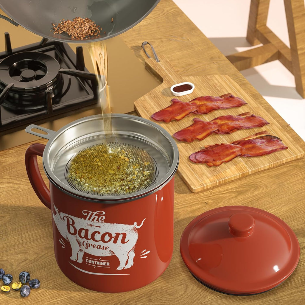 Skiennix Bacon Grease Container - 46oz Enamel Keeper with Strainer & Silicone Spatula | Red, Dishwasher Safe