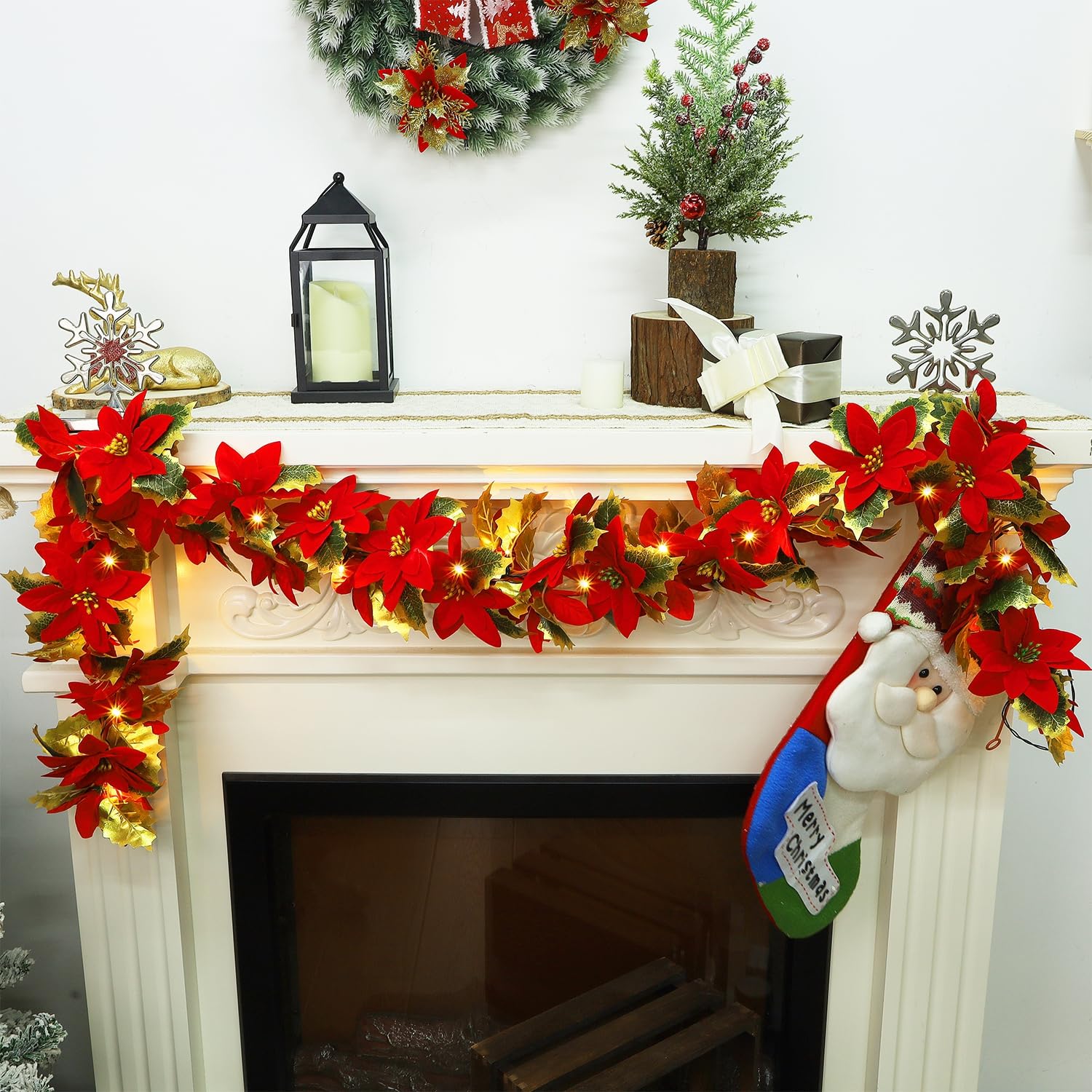 Glintoper 2 Pack Christmas Poinsettia Garland, 5.9 FT Lighted Artificial Garlands with 36 Red Flowers, Battery Operated with Timer Poinsettia String Lights, Light up for Xmas New Year Home Decor