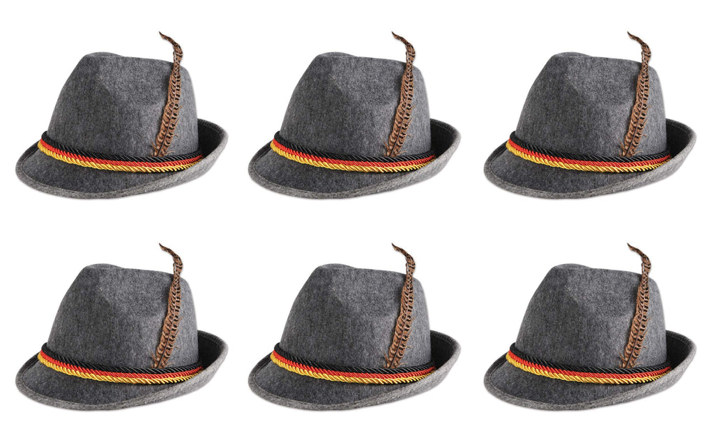 Beistle German Alpine Hats 6-Count Traditional Gray Felt Bavarian Hats with Real Feather and German Flag Rope Detail for Oktoberfest Beer Festivals and Themed Celebrations