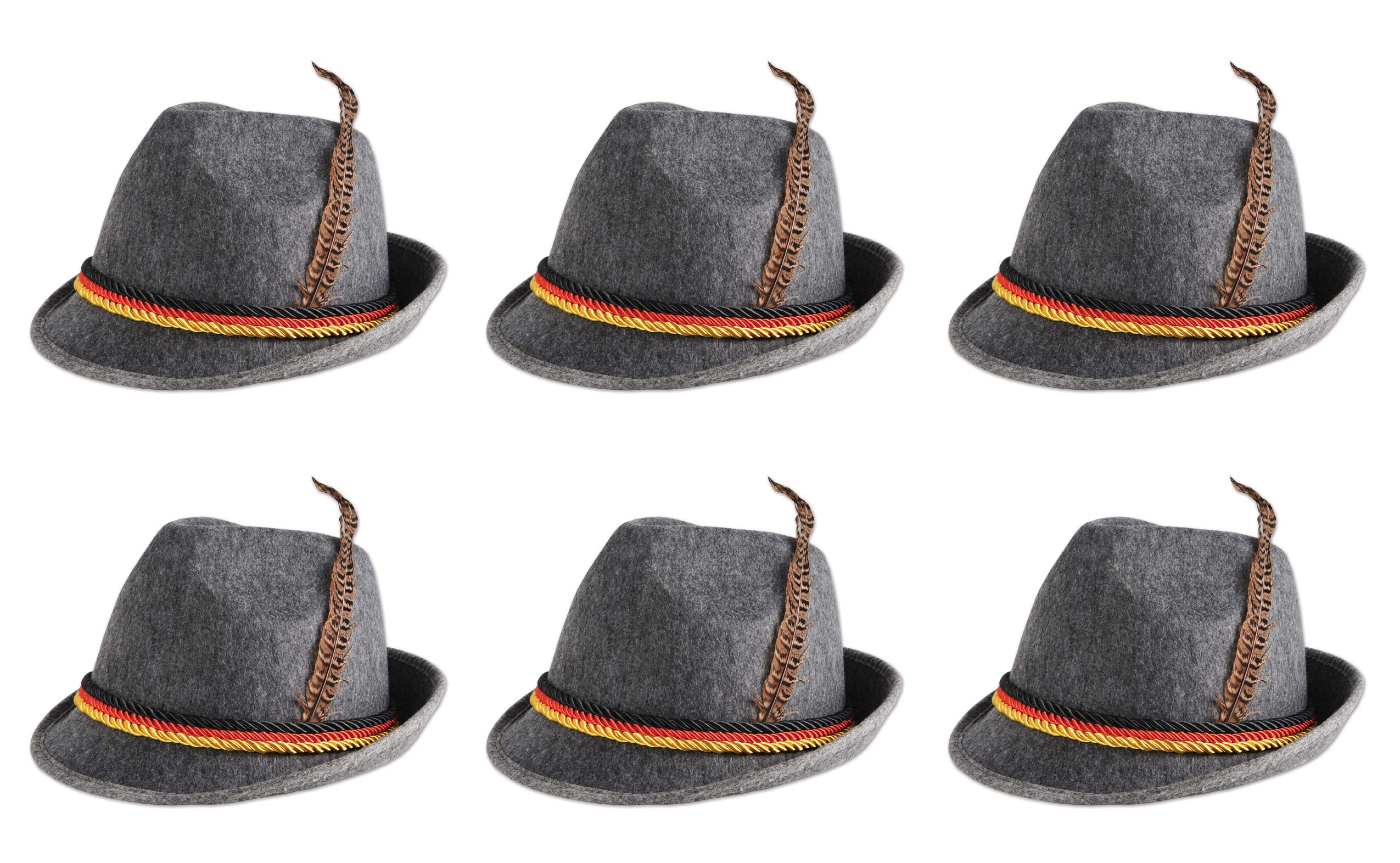 Beistle German Alpine Hats 6-Count Traditional Gray Felt Bavarian Hats with Real Feather and German Flag Rope Detail for Oktoberfest Beer Festivals and Themed Celebrations