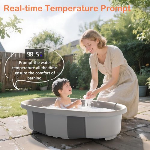Collapsible Baby Bathtub - Portable Infant Bath Tub with Thermometer & Cushion | Foldable Toddler Bath for Newborns 0-36 Months (Grey)