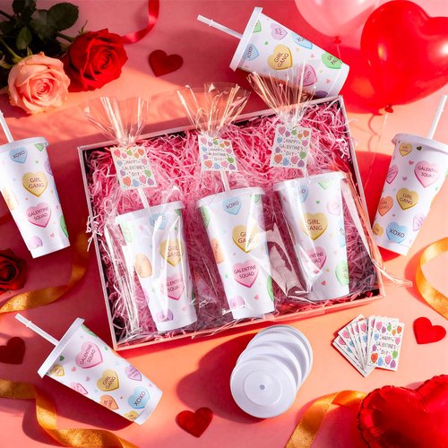 Potchen 12 Sets Galentines Day Party Favors Gifts 24oz Conversation Hearts Tumbler with Lid and Straw Plastic Cup Bulk Galentines Valentine Gifts for Coworkers Women Girl Gang Valentine Party Supplies