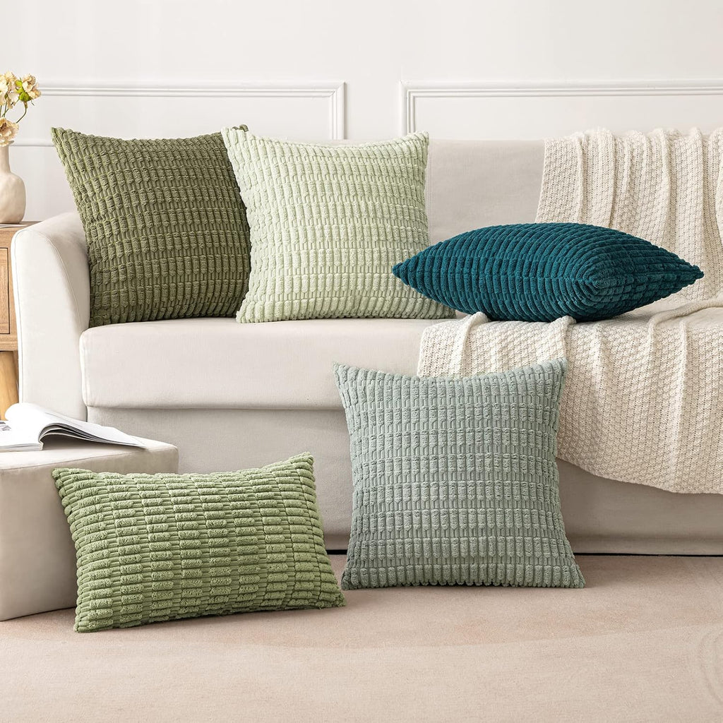 MIULEE Decorative Throw Pillow Covers - Soft Boho Striped Corduroy | 16x16 Inch Olive Green, Pack of 2
