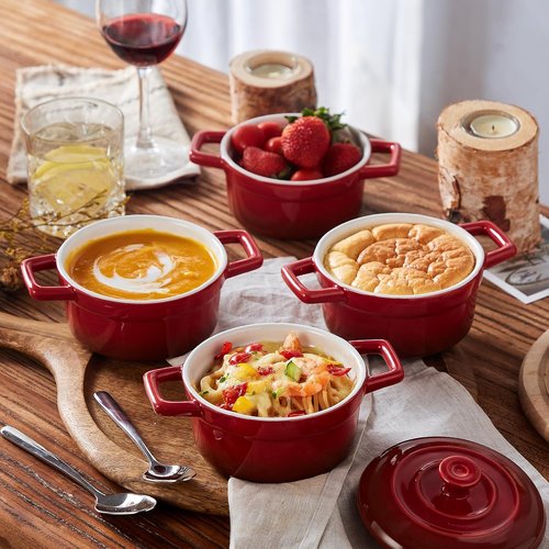 Lareina Mini Cocotte - 12oz Ceramic Casserole Dishes - Oven & Dishwasher Safe - Set of 4 in Red