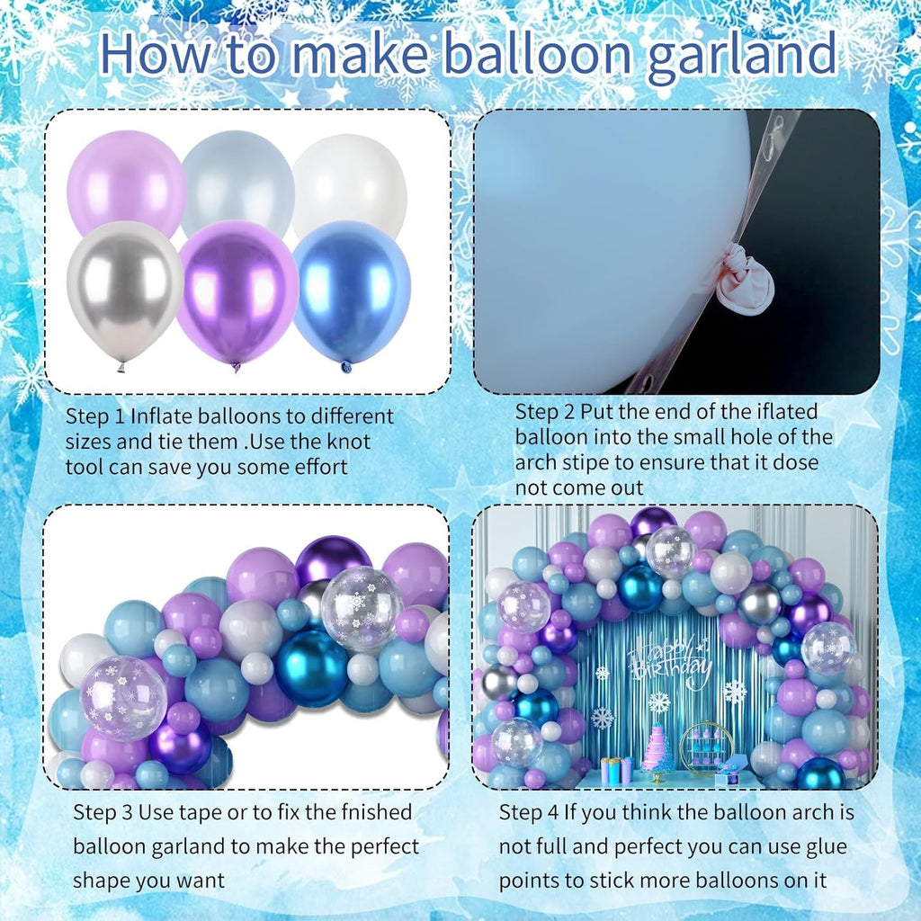 Snow Balloon Garland Arch Kit - Winter Wonderland Decor with Snowflake Balloons in Pearl Blue, Purple & Silver