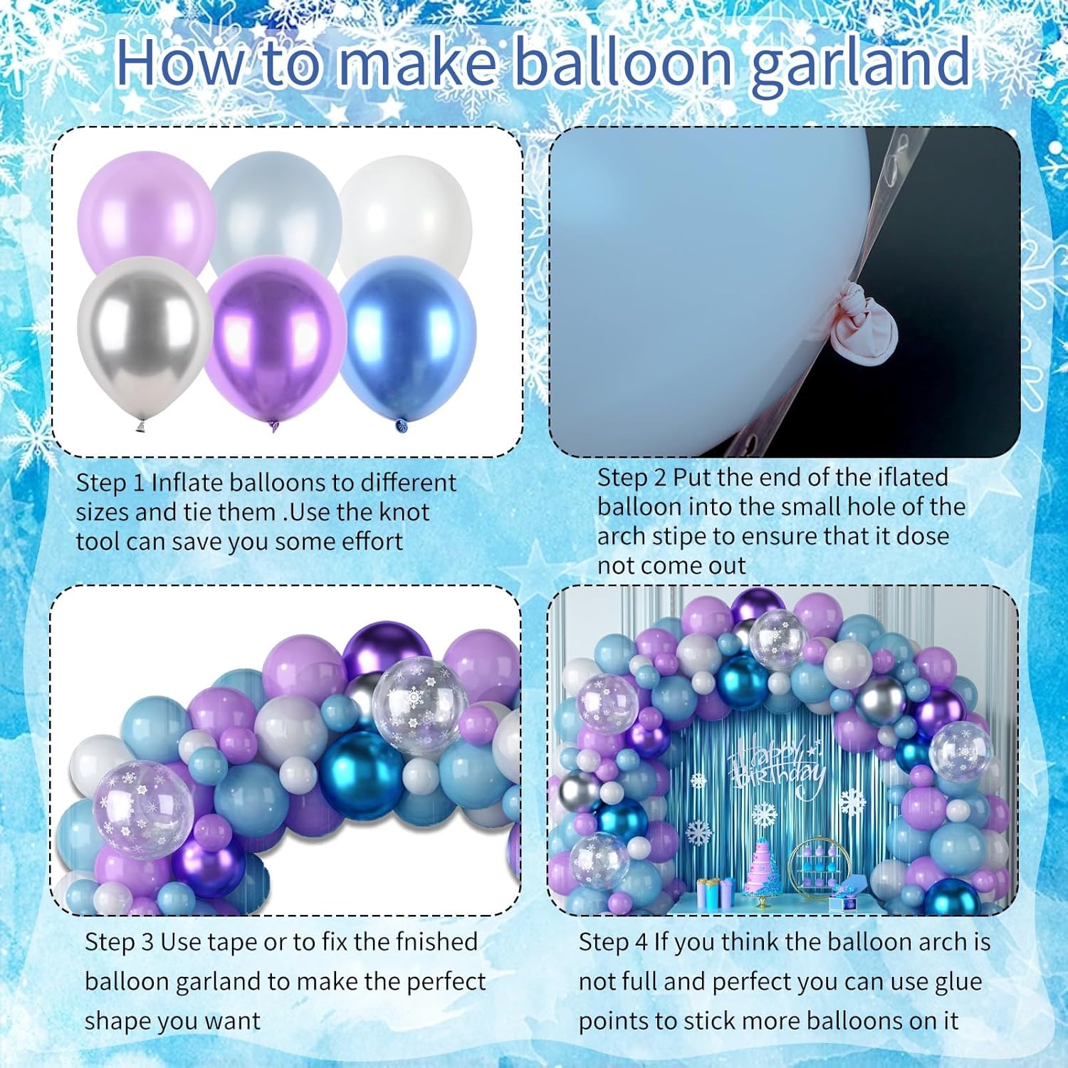 Snow Balloon Garland Arch Kit - Winter Wonderland Decor with Snowflake Balloons in Pearl Blue, Purple & Silver