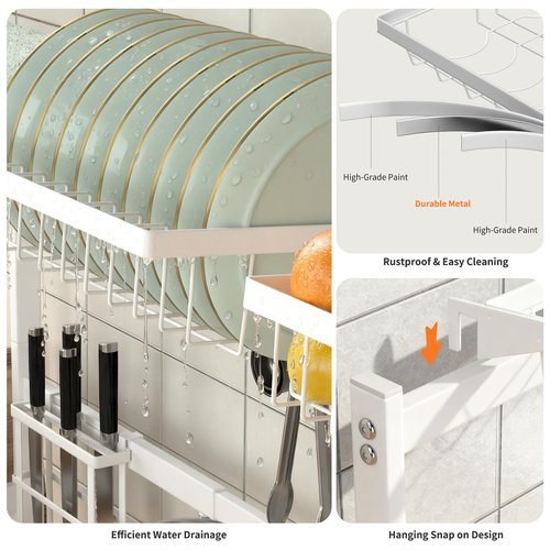 HOTEAGLE Dish Drying Rack for Kitchen Counter 2 Tier Expandable Over Sink Dish Rack, 25.6"-33.5" L x 12.4" W x 20.5" H, White