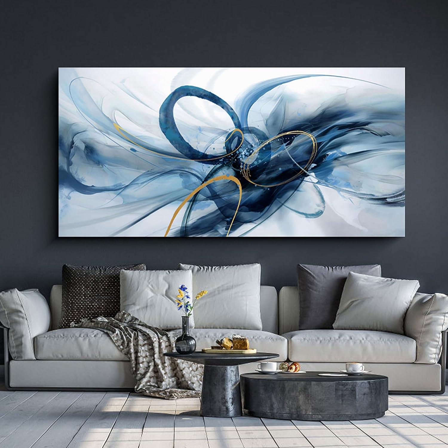 XLSJERST Extra Large Canvas Wall Art - Modern Abstract Blue & White Artwork for Home Decor