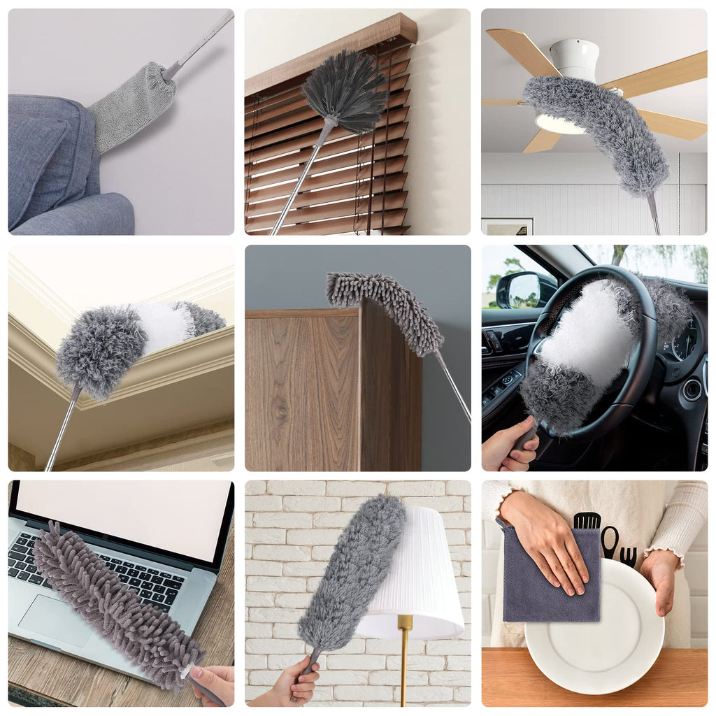 DEEHYO Microfiber Duster for Cleaning Fan, High Ceiling, Blinds, Furniture, Cars , 9PCS Extendable Feather Duster (Stainless Steel) 30 to 100 Inches, Reusable Bendable Washable