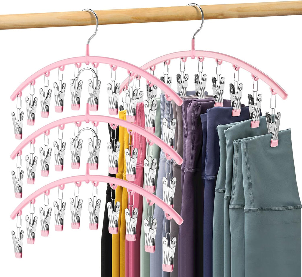 Skiennix Legging Organizer - Space-Saving Metal Yoga Pants Hangers | 4 Pack with 10 Clips, Pink