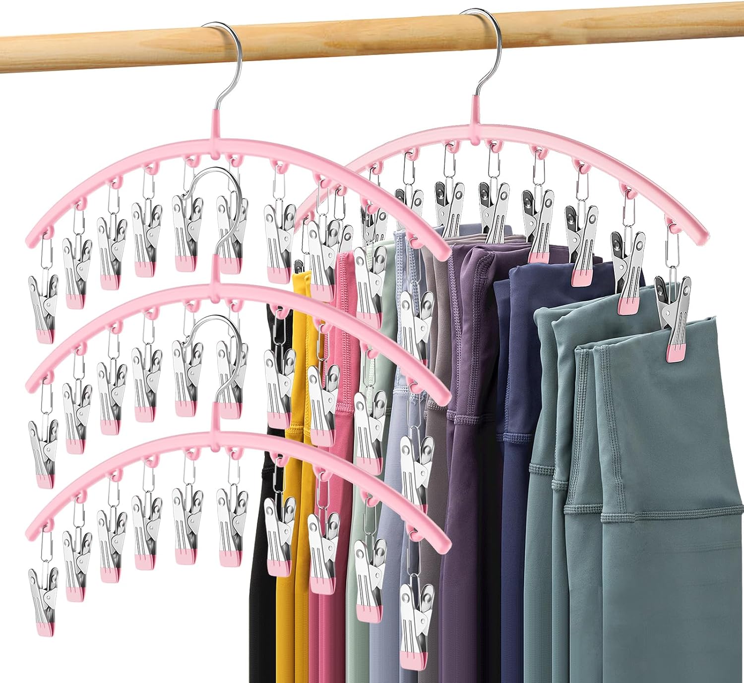 Skiennix Legging Organizer - Space-Saving Metal Yoga Pants Hangers | 4 Pack with 10 Clips, Pink