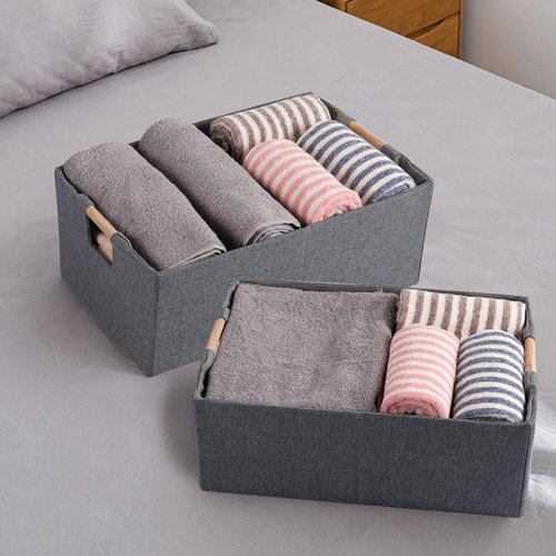Fabric Storage Bin 3-Pack | Foldable Cotton Linen Baskets with Wooden Handles - Small Gray