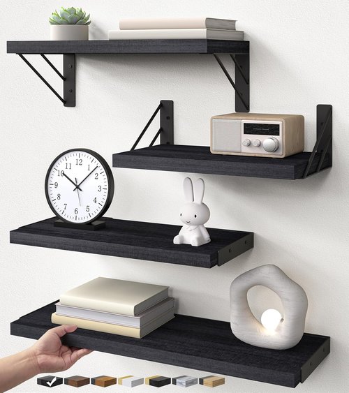 BAYKA Wall Mounted Floating Shelves - Space-Saving Wood Display for Books & Decor | Black, Set of 4