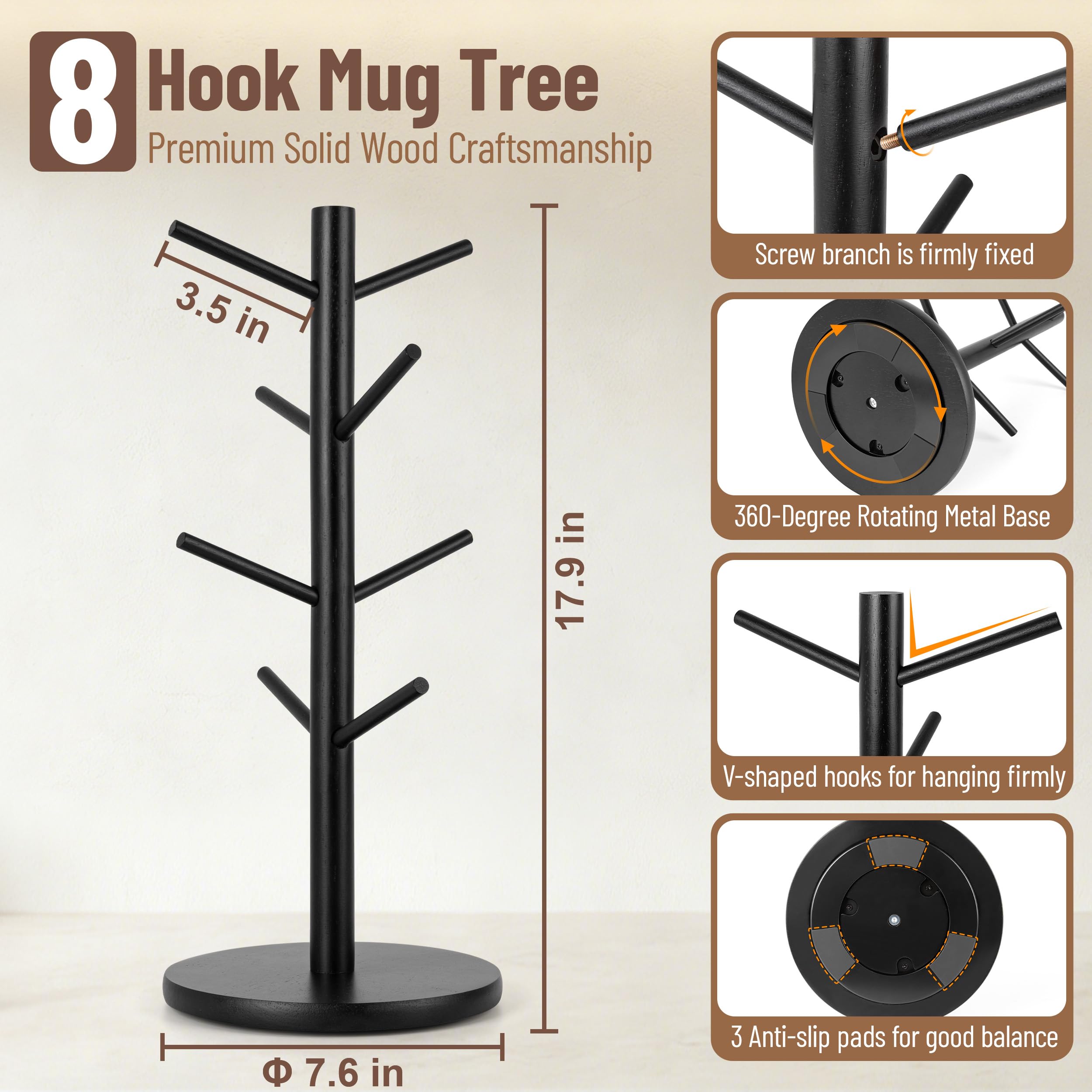 MyLifeUNIT Mug Holder Tree, 360° Rotated Coffee Cup Holder with 8 Hooks, Wooden Mug Rack Stand for Counter Top, Coffee Bar Accessories (Black)