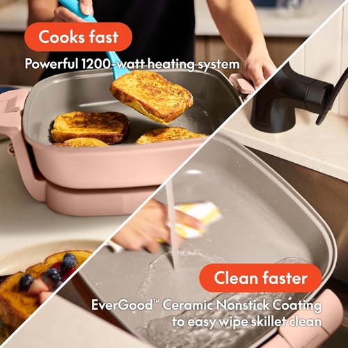 Bella Make & Take Electric Skillet - EverGood™ Ceramic Coating, Adjustable Temperature, 1200W, Blossom Color
