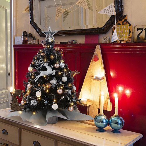 Juegoal 24-Inch Black Mini Christmas Tree - Lighted Tabletop Artificial Pine with 50 LED Lights