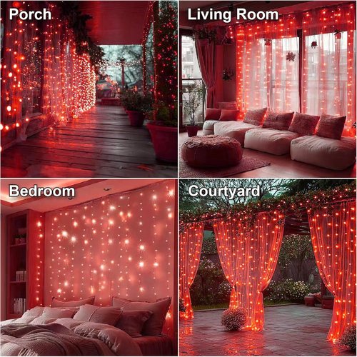 HXWEIYE 300LED Fairy Curtain Lights - 9.8x9.8Ft USB Plug-In with 8 Modes & Remote | Red Indoor Decor