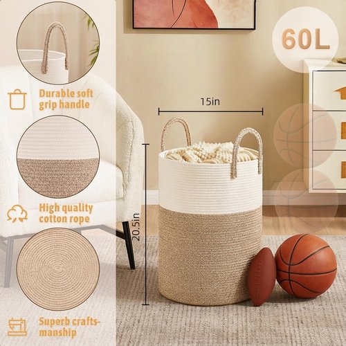 Artfeel Woven Cotton Rope Laundry Basket - 60L Hamper for Stylish Storage of Clothes, Toys & Blankets
