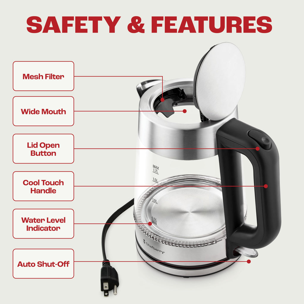 Electric Kettle for Boiling Hot Tea & Water | 1.7L Stainless Steel Borosilicate Glass Boiler With No Plastic, Automatic Shutoff, BPA Free, Fast Heating Technology (Black)