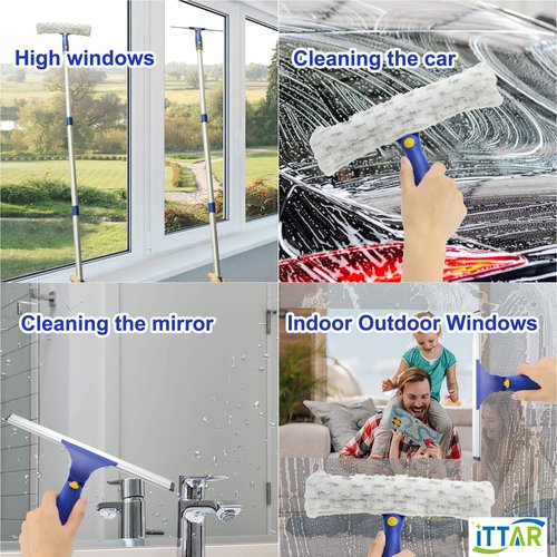 ITTAR Rotatable Window Cleaning Kit, Glass Cleaner Tool with 60" Extension Pole, Rubber Squeegee & 2 Microfiber Pads Combo, Window Washing Equipment for Cleaning Shower, High Windows, Car Glass