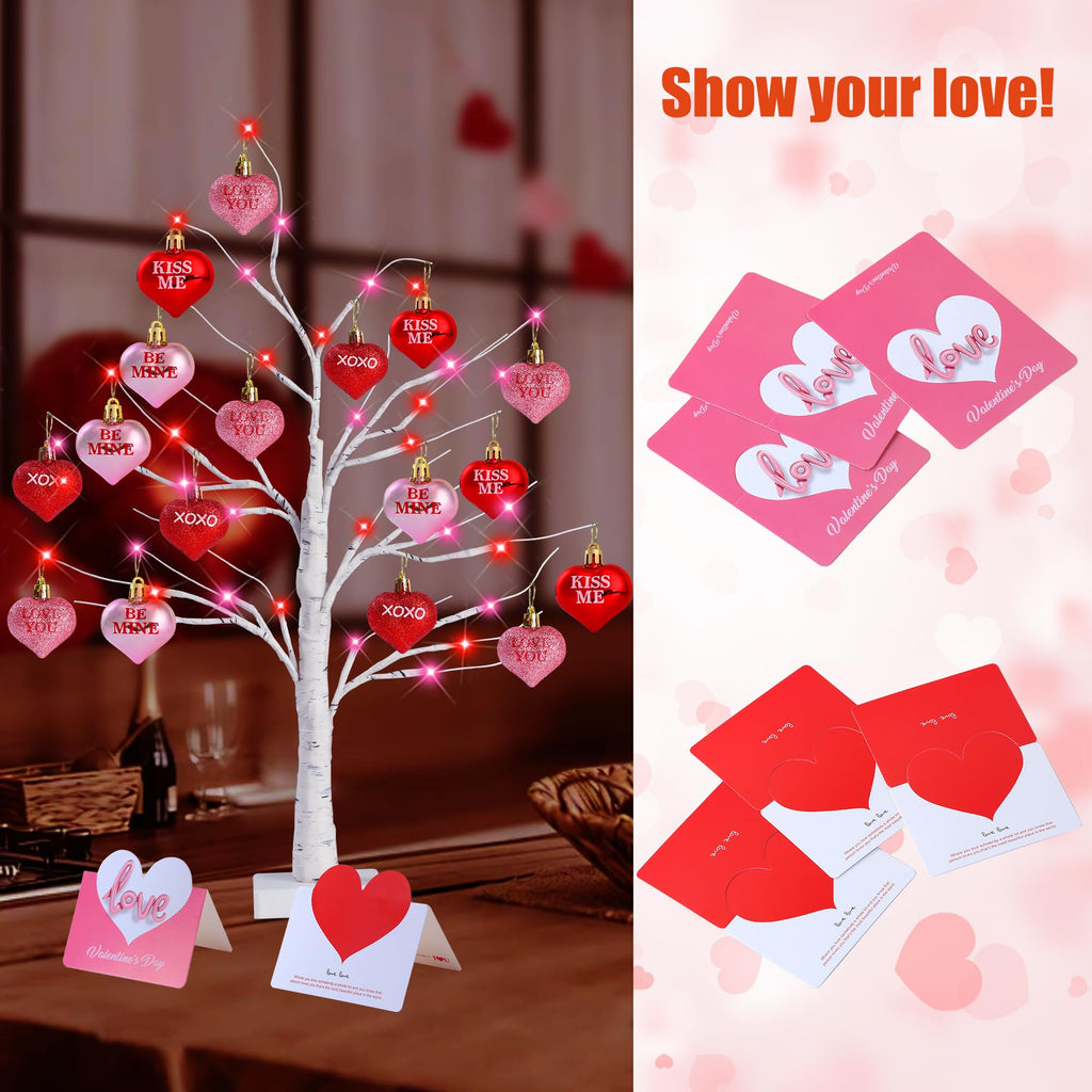 Sggvecsy 2 Pack Birch Trees with Heart Ornaments 24’’ Artificial Heart Table Tree Valentines Day Decorations with Cards Tree Decor for Valentine's Day Gifts Home Party Festival Decorations