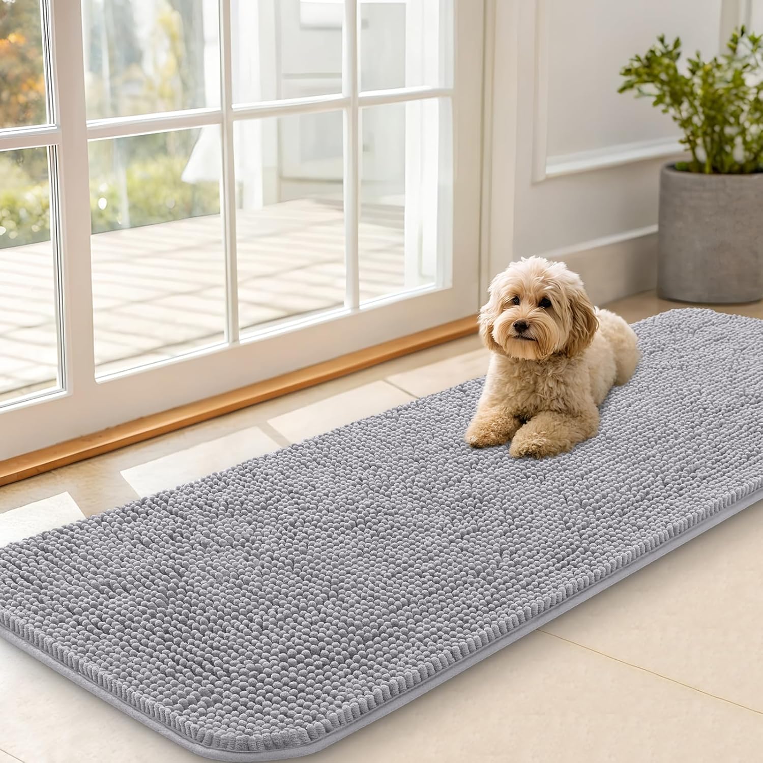 OLANLY Dog Door Mat - Absorbent Non-Slip Chenille Mat for Muddy Paws | 59x20 Light Grey Indoor Carpet