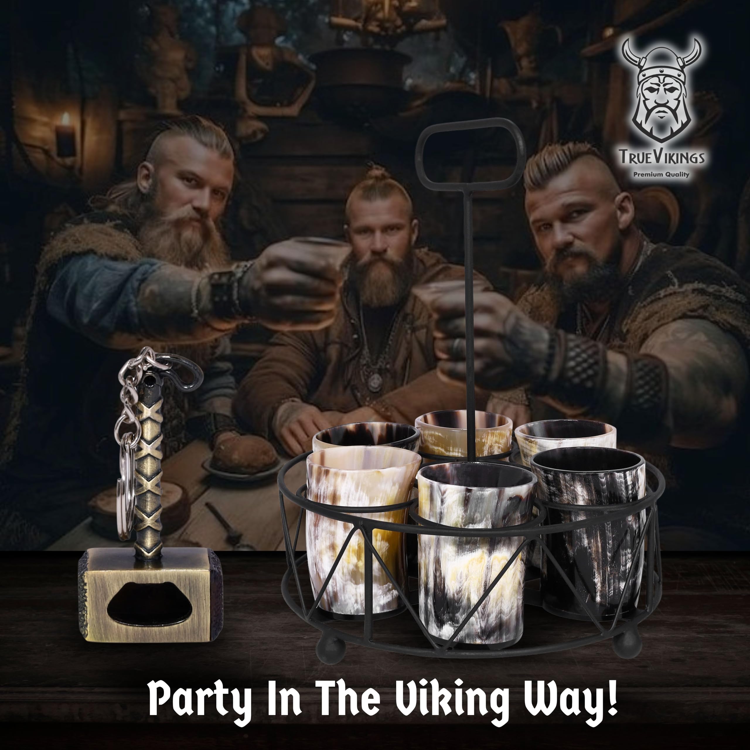 TRUE VIKING Drinking Horn Cup Set of 6 – Unique Viking Gifts for Men, Dad, Husband – Natural Ox Horn Shot Glasses with Thor Bottle Opener & Metal Caddy – Leak-Proof – For Beer, Ale, Mead (5 oz/Glass)