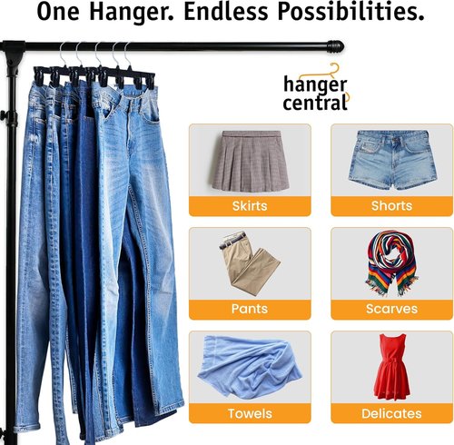 Hanger Central 12 Inch Slim Plastic Pants Hangers - Heavy Duty Non-Slip Clips for Skirts & Shorts - Black