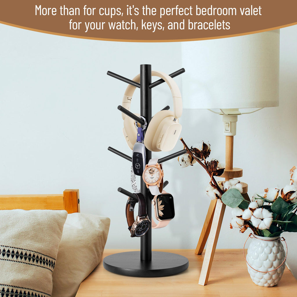 MyLifeUNIT Mug Holder Tree, 360° Rotated Coffee Cup Holder with 8 Hooks, Wooden Mug Rack Stand for Counter Top, Coffee Bar Accessories (Black)