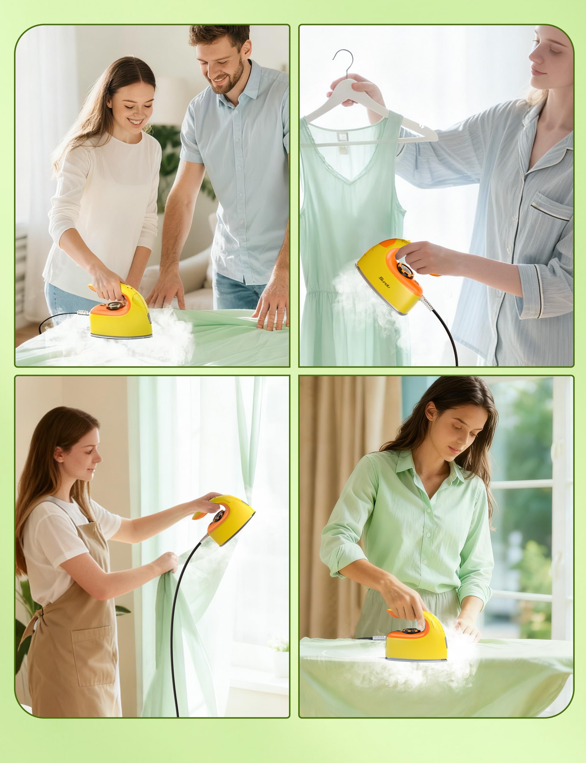 Sundu 1000W Mini Travel Steam Iron, Portable Small Iron for Quilting & Sewing, Non-Stick Soleplate, 300 Steam Holes, 90ml Tank, Safety Base & Digital Temperature Control-Yellow