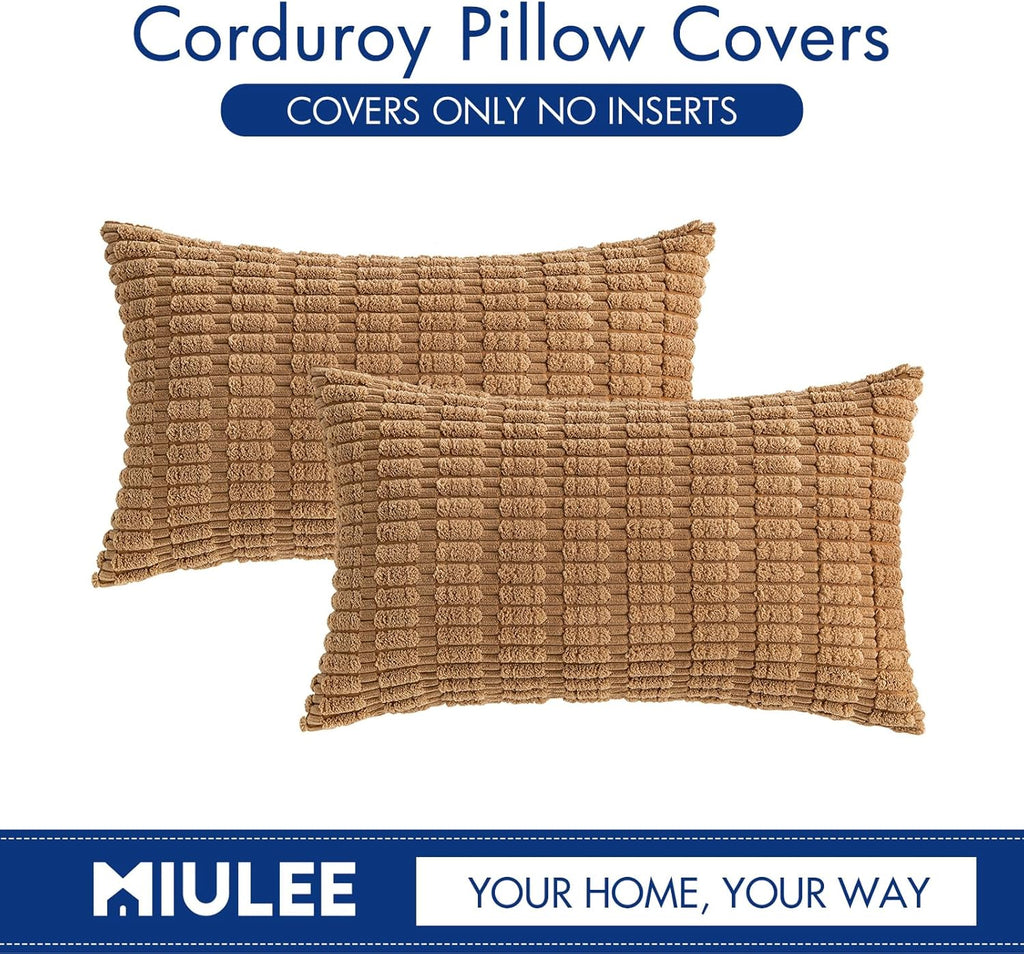 MIULEE Corduroy Decorative Lumbar Pillow Covers - Soft Boho Striped Design | 20x12 Inch, Brown
