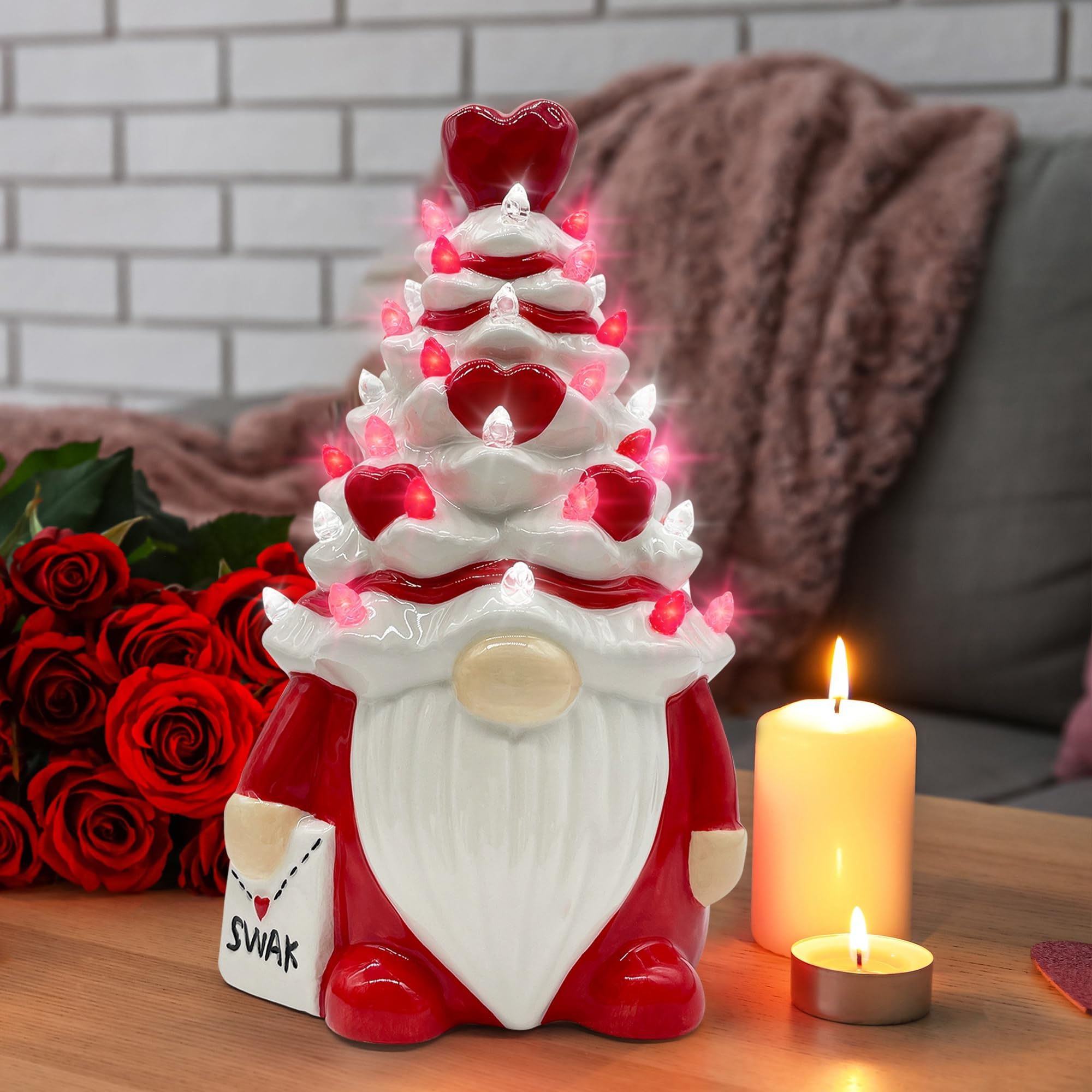 Hexagram Valentines Decorations, Valentines Day Decorations, Valentine Decor Ceramic Gnomes Tree, Valentine's Day Gnomes Decor