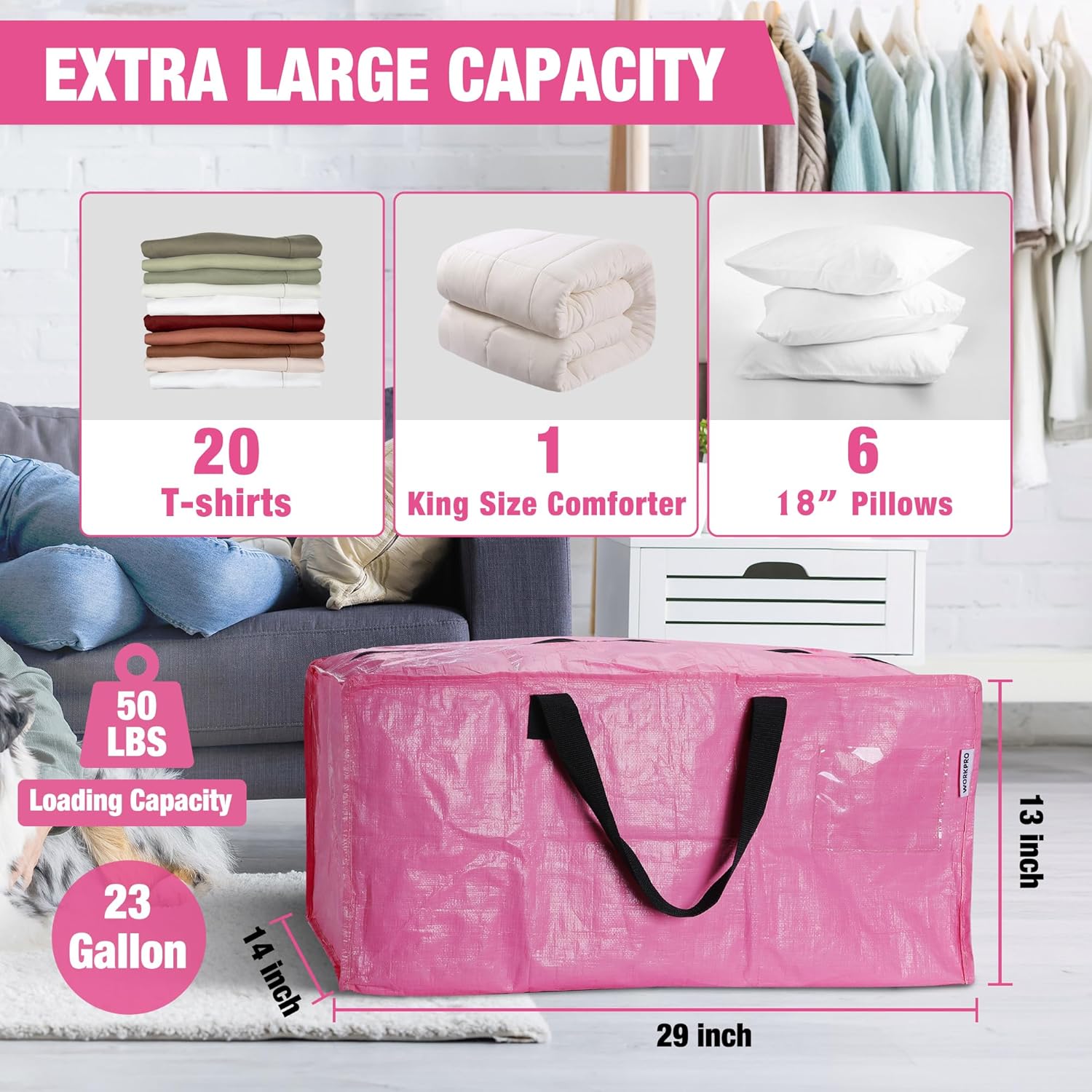 WORKPRO Extra Large Moving Bags - Heavy-Duty Storage Totes with Zippers & Backpack Straps | 6 Pack (Pink)